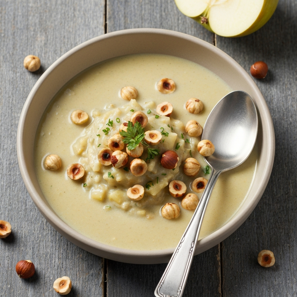 Creamy Celeriac and Apple Soup with Toasted Hazelnuts