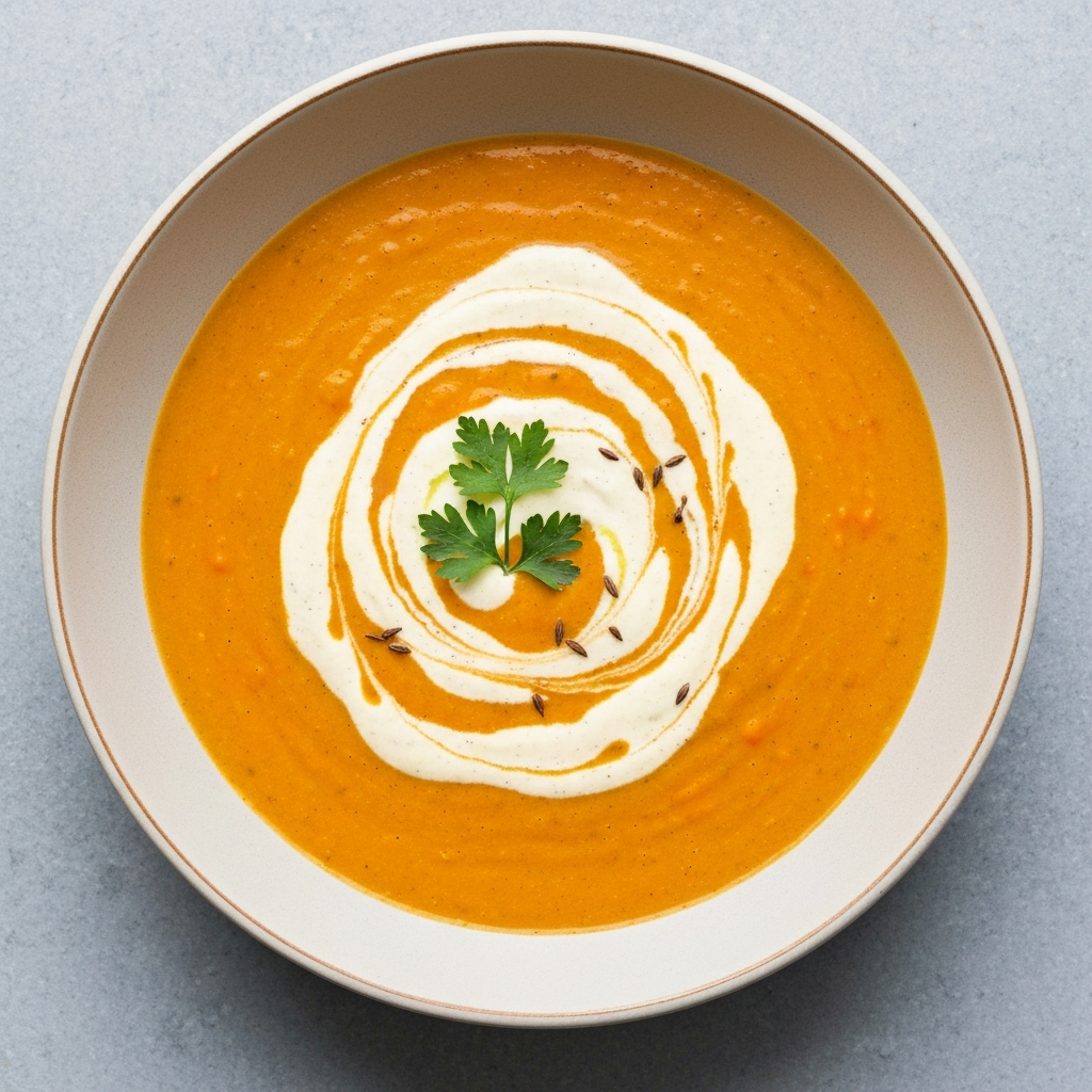 Creamy Carrot and Caraway Soup with Jersey Cream Swirl