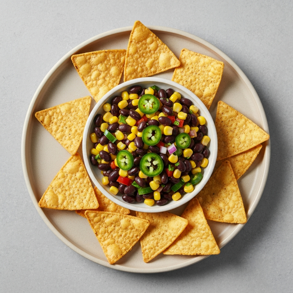 Spicy Black Bean and Corn Salsa with Baked Tortilla Chips