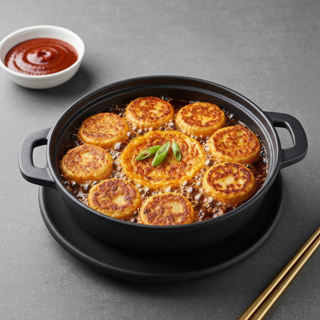 Kimchi Pancake Bites Hot Pot with Gochujang Dip