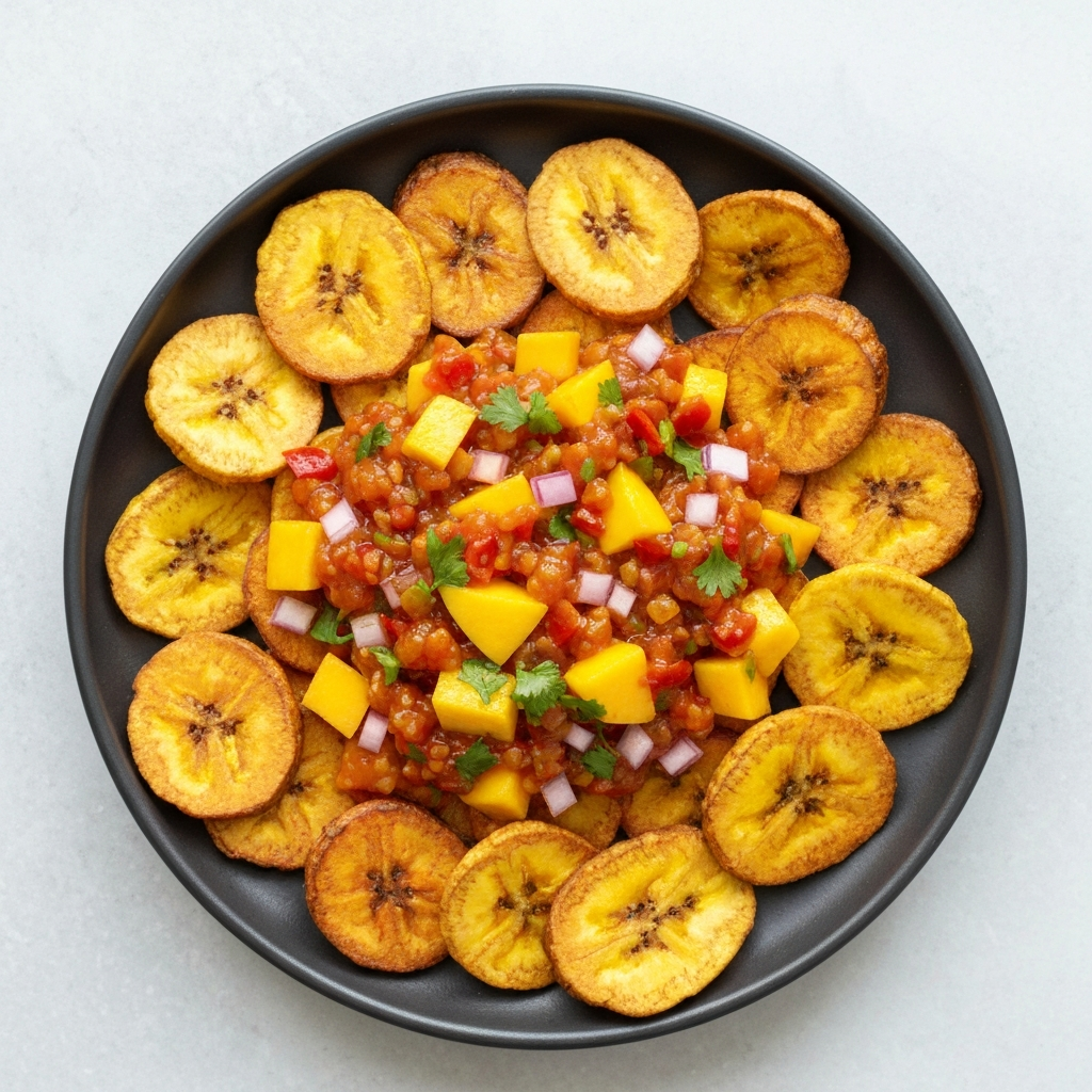Spicy Mango Salsa with Baked Plantain Chips