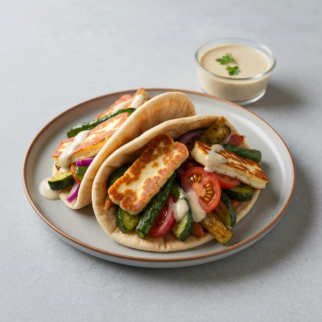 Roasted Vegetable and Halloumi Pitas with Tahini Dressing