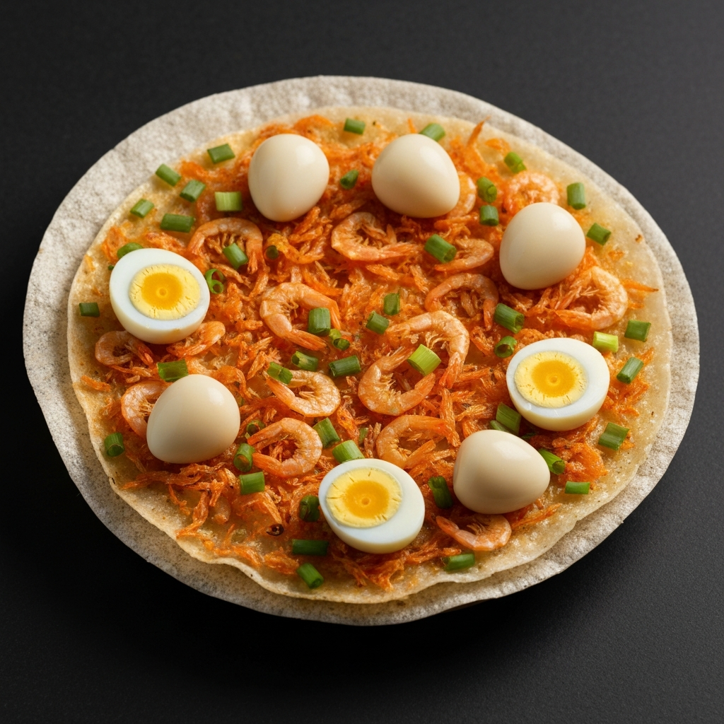 Vietnamese Pizza (Banh Trang Nuong) with Quail Egg and Dried Shrimp