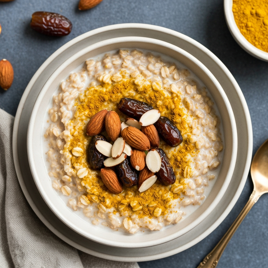 Coconut Curry Oatmeal with Toasted Almonds and Dates