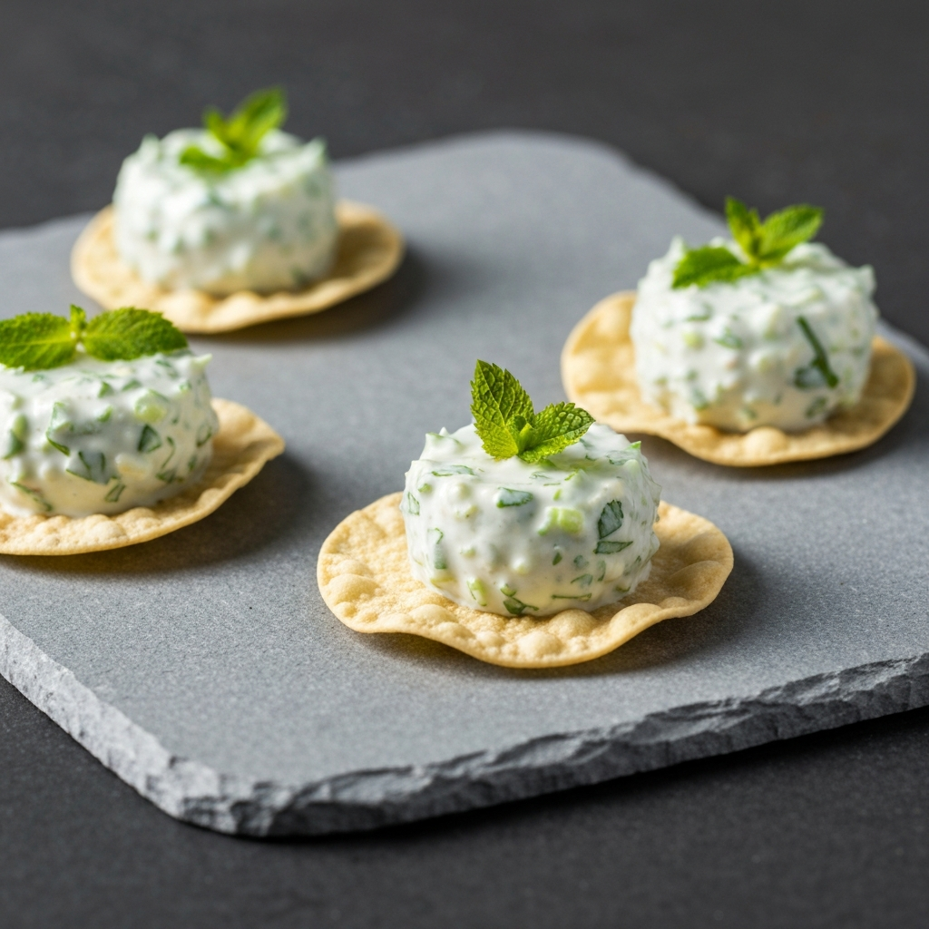 Cucumber and Mint Raita Bites on Crispy Poppadums