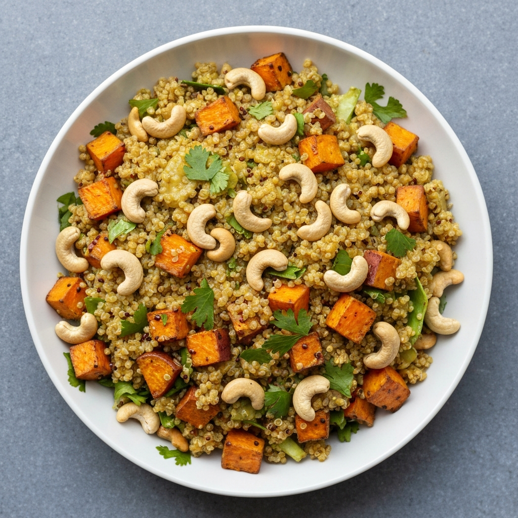 Curried Quinoa Salad with Roasted Sweet Potatoes and Cashews