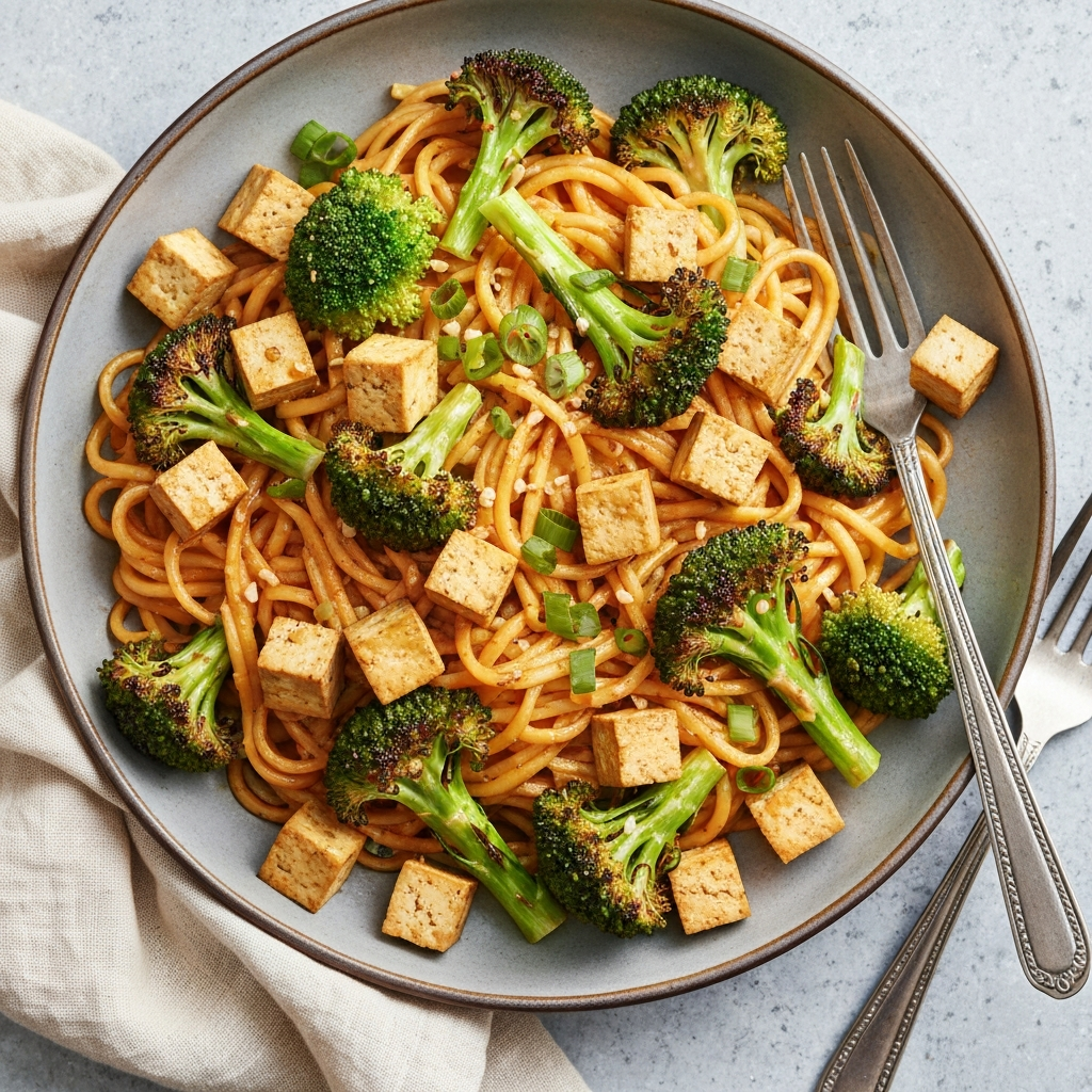 Spicy Peanut Noodles with Roasted Broccoli & Tofu