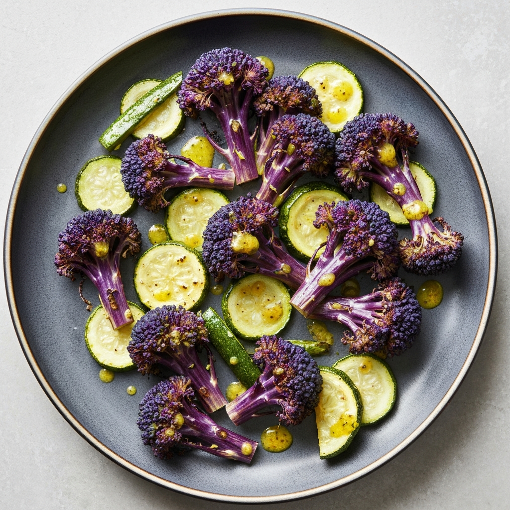 Roasted Purple Sprouting Broccoli and Courgette with Lemon-Garlic Dressing
