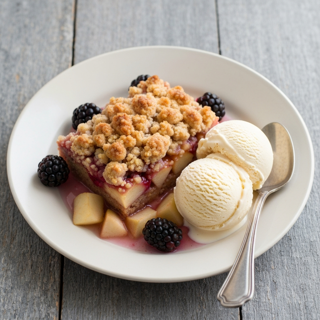 Jersey Apple and Blackberry Crumble with Vanilla Bean Ice Cream