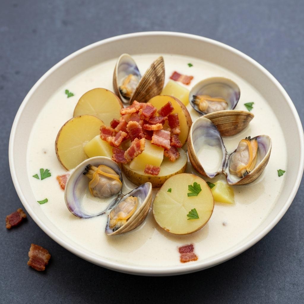 Creamy Jersey Clam and Potato Chowder with Crispy Pancetta