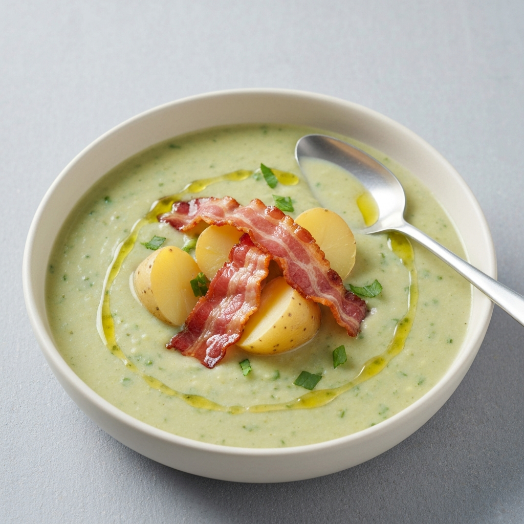 Jersey Royal Potato and Watercress Soup with Crispy Bacon