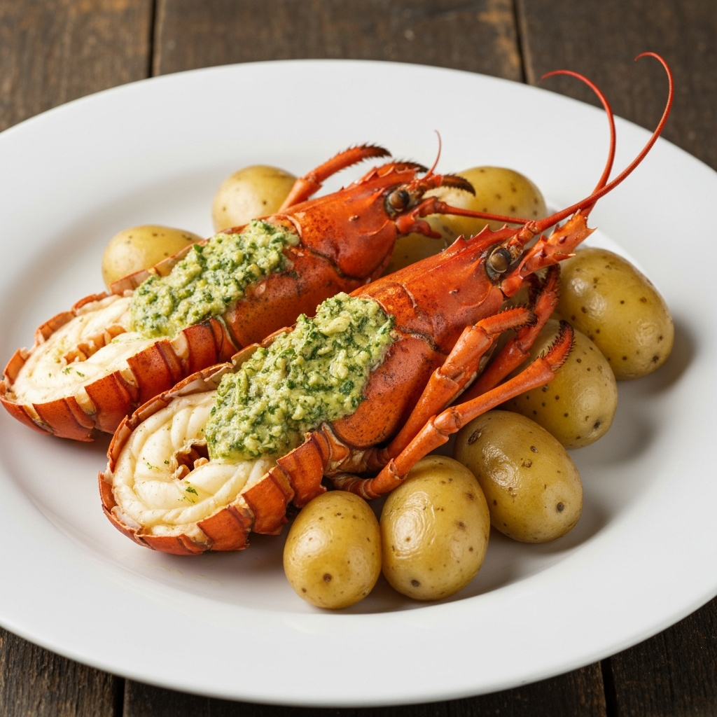 Grilled Jersey Lobster with Jersey Garlic Herb Butter & Jersey Royal Potatoes
