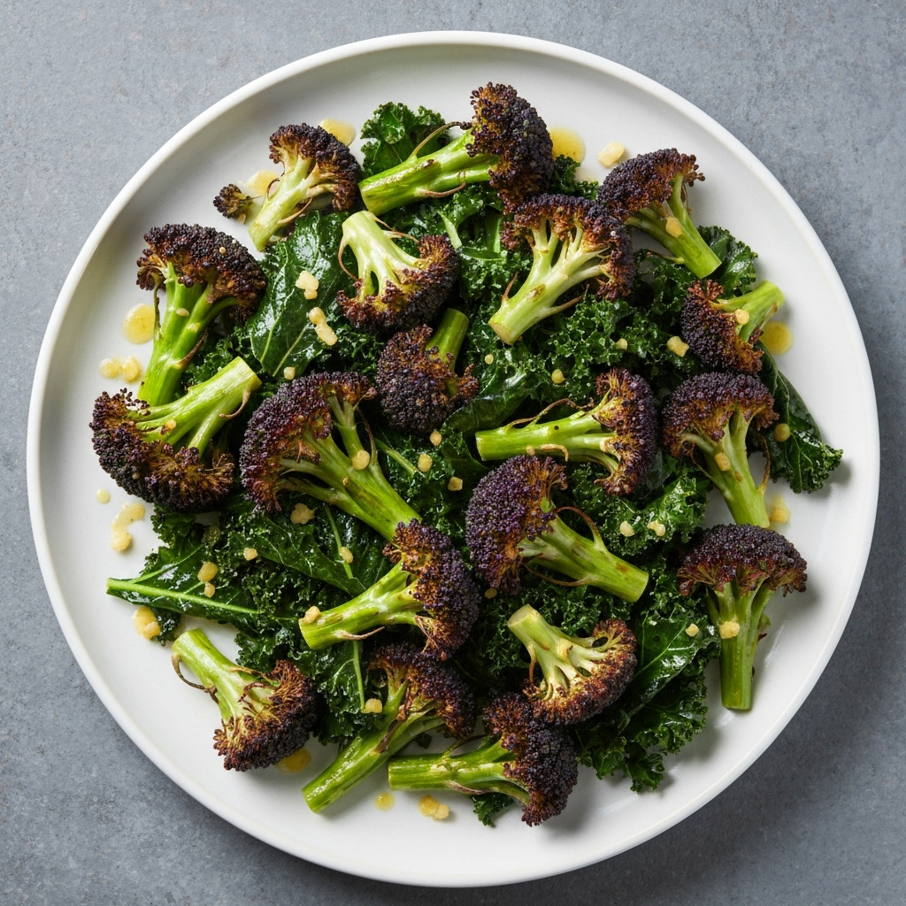 Roasted Purple Sprouting Broccoli and Kale with Lemon-Garlic Dressing