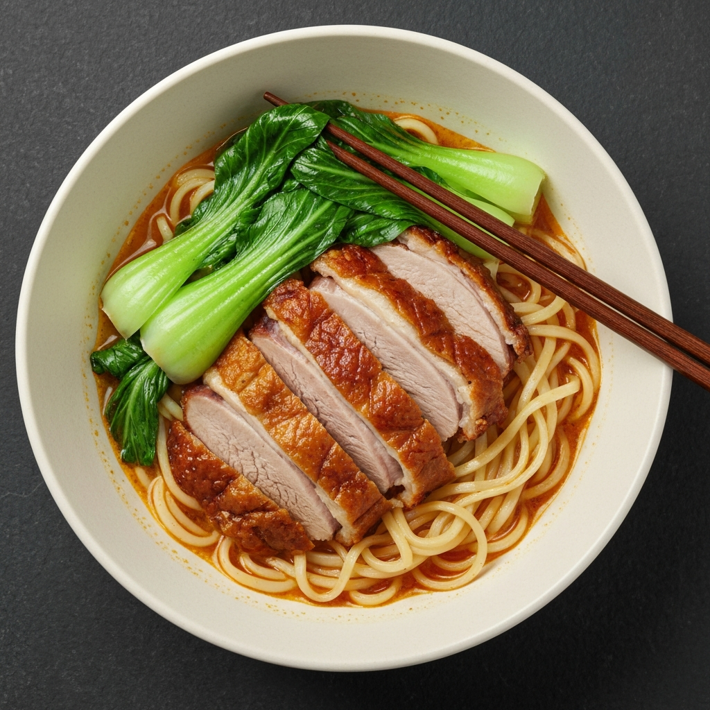 Egg Noodle Bowl with Roast Duck and Pak Choi
