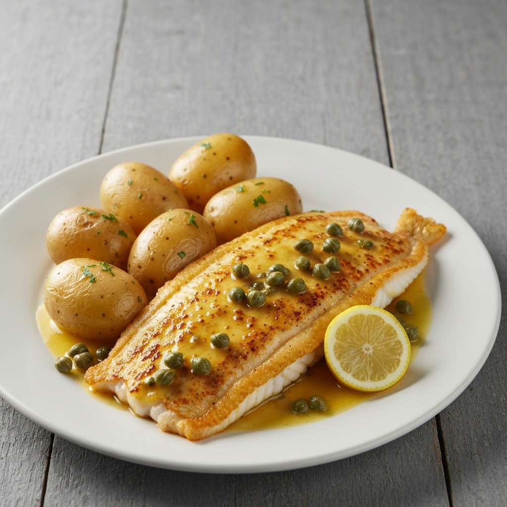 Pan-Fried Jersey Plaice with Lemon Brown Butter and Capers, served with Jersey Royal Potatoes