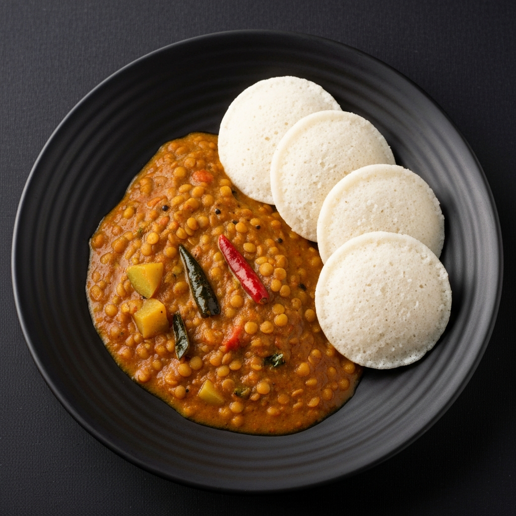 Spicy Lentil and Vegetable Curry (Sambar) with Idli