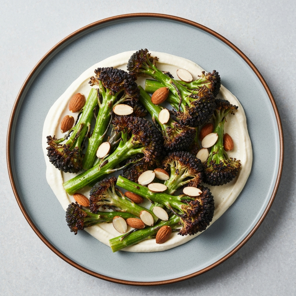 Roasted Purple Sprouting Broccoli with Jersey Cream and Toasted Almonds