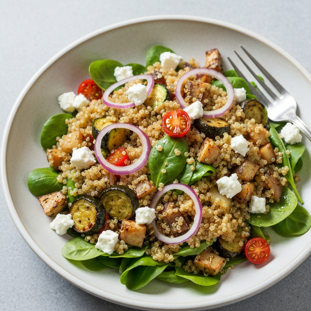 Quinoa Salad with Roasted Vegetables, Feta, and Lemon Vinaigrette