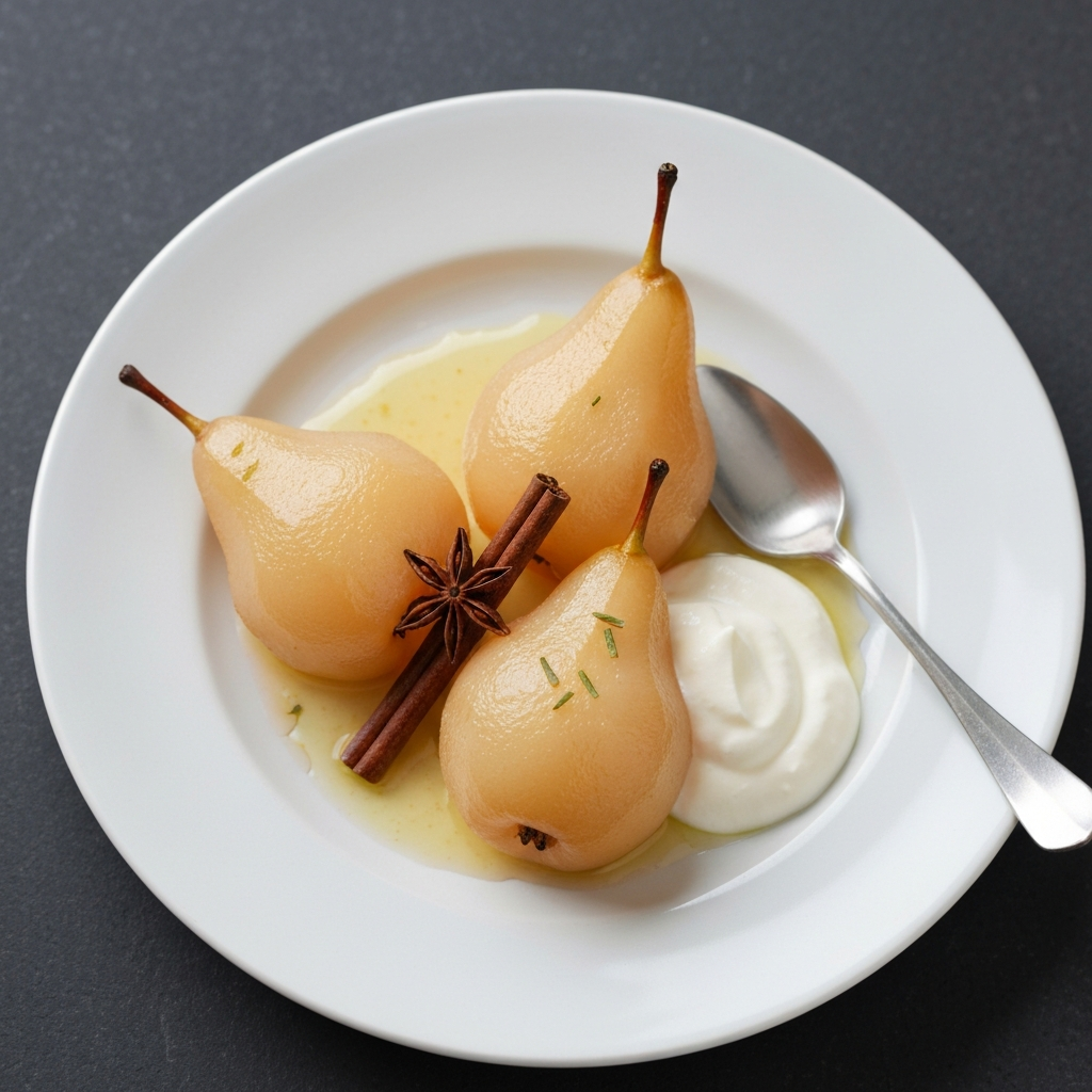 Poached Pears in White Wine with Crème Fraîche
