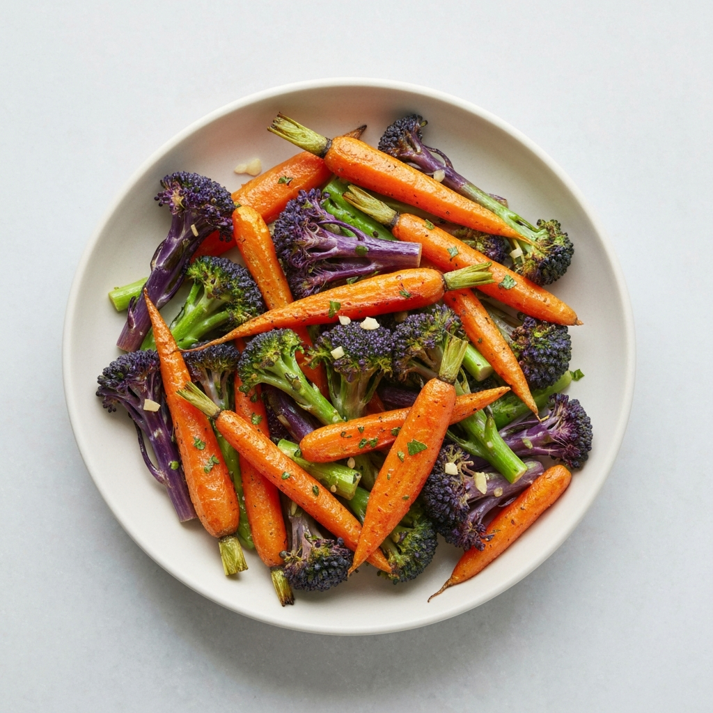 Roasted Carrot and Purple Sprouting Broccoli with Lemon-Garlic Dressing