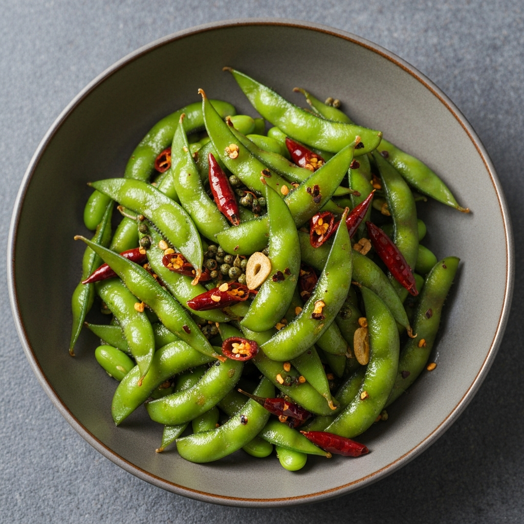Sichuan Spicy Edamame with Garlic and Chili Flakes