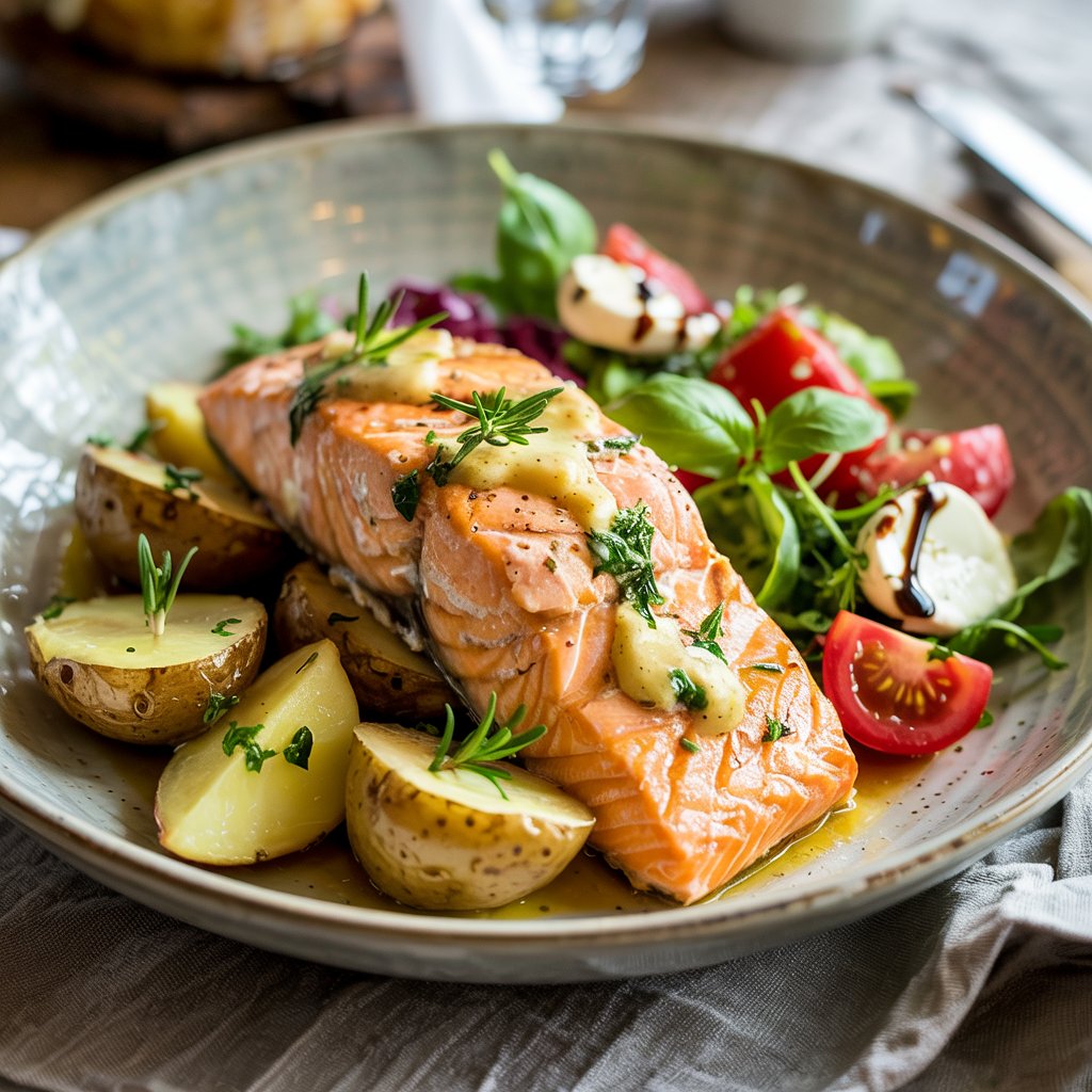 Steamed Salmon with Garlic Butter, Potatoes & Italian Salad