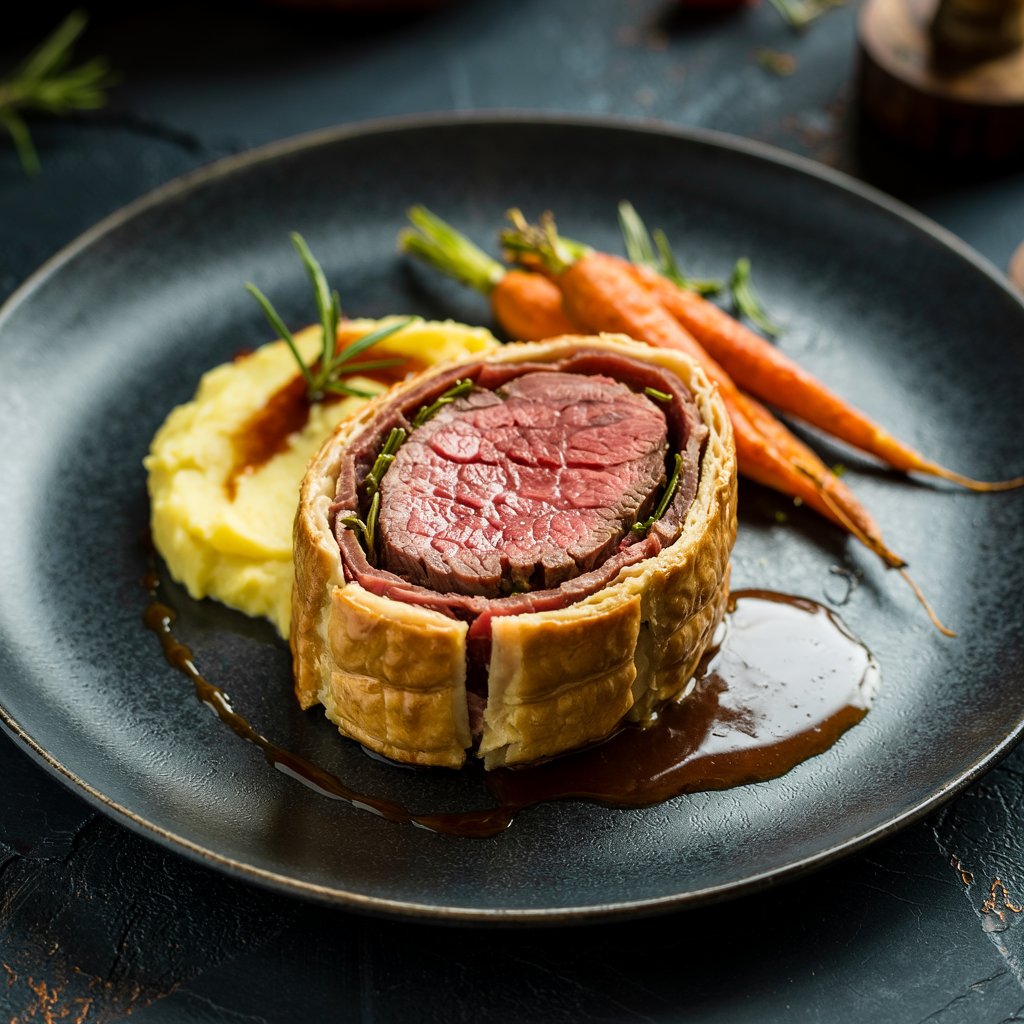 Beef Wellington with Creamy Mashed Potatoes, Steamed Carrots, and Rich Madeira Sauce