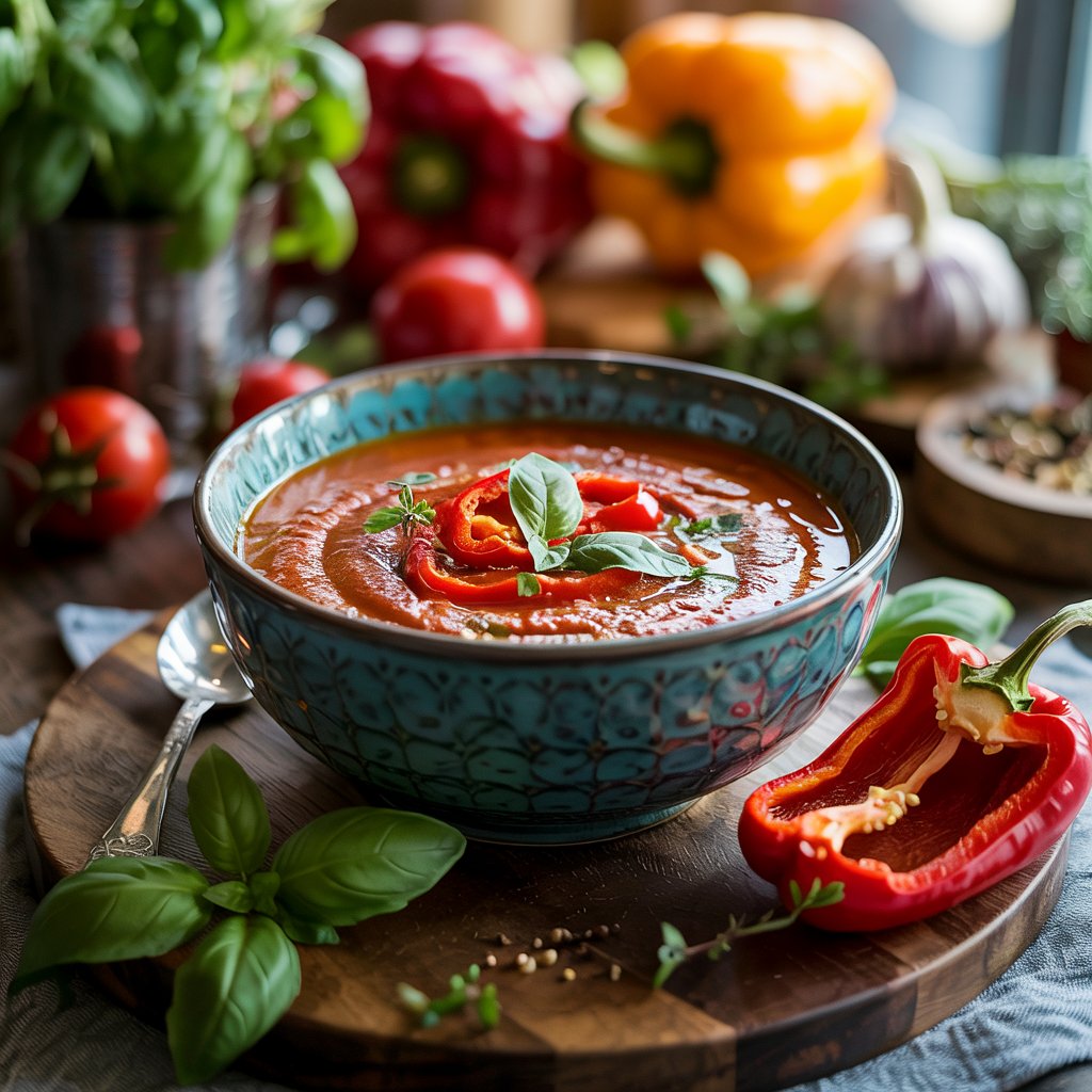 Creamy Vegan Tomato Soup with Roasted Red Peppers